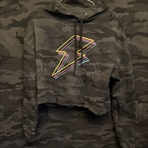 Cropped Black Camo Hoodie with Neon Bolt Graphic